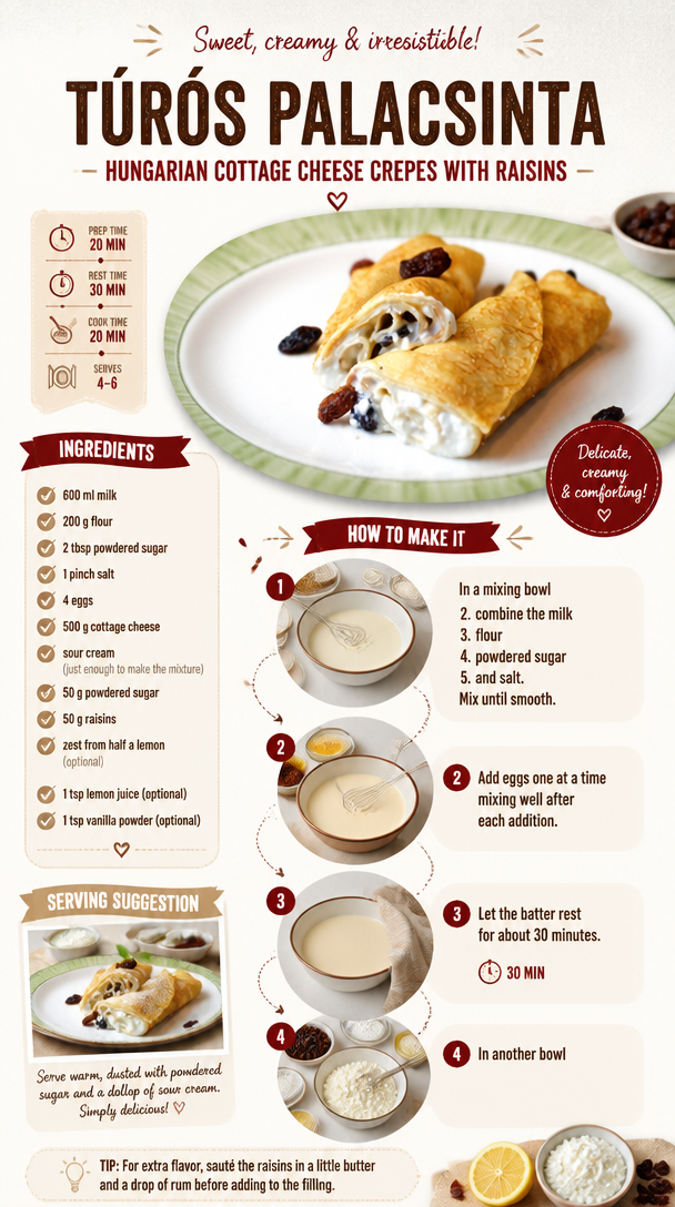 Hungarian cottage cheese crepes with raisins