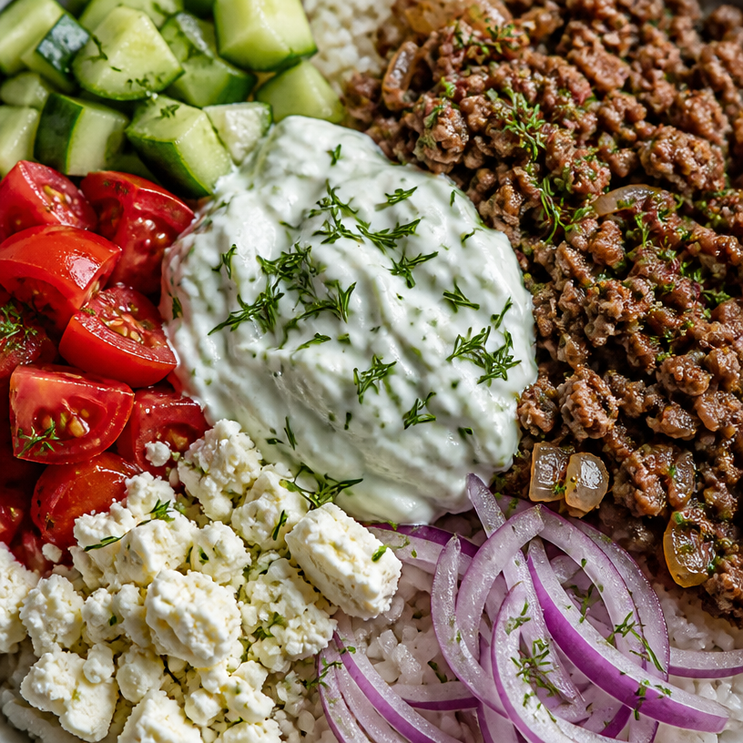 Greek Ground Beef Bowl with Tzatziki