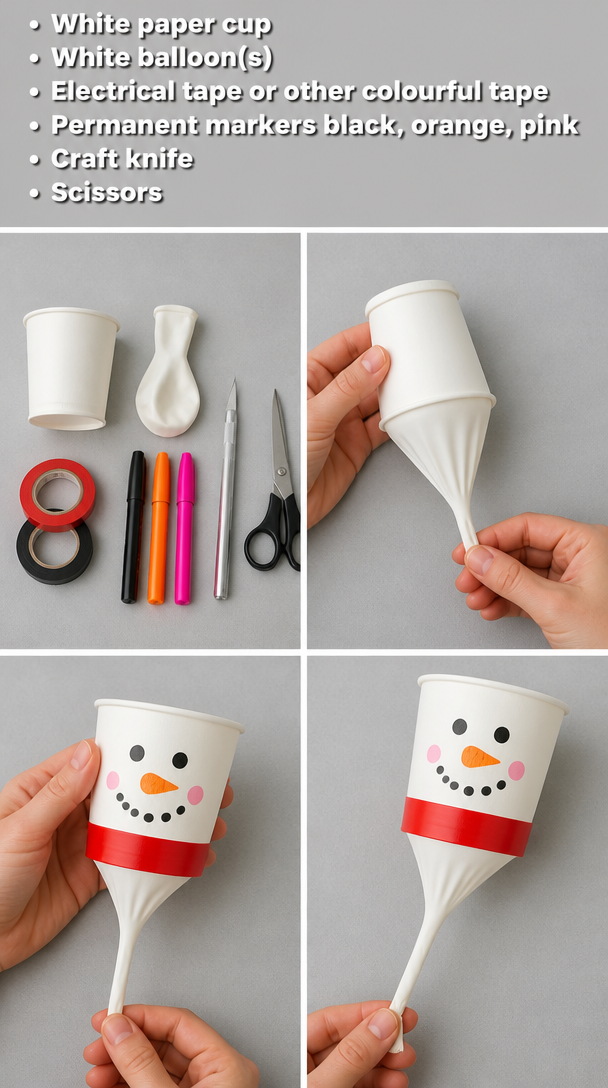White paper cup  
White balloon(s)  
Electrical tape or other colourful tape  
Permanent markers black, orange, pink  

Craft knife  
Scissors  

Step 1: Find what you need  
Gather your supplies and materials.  

St...