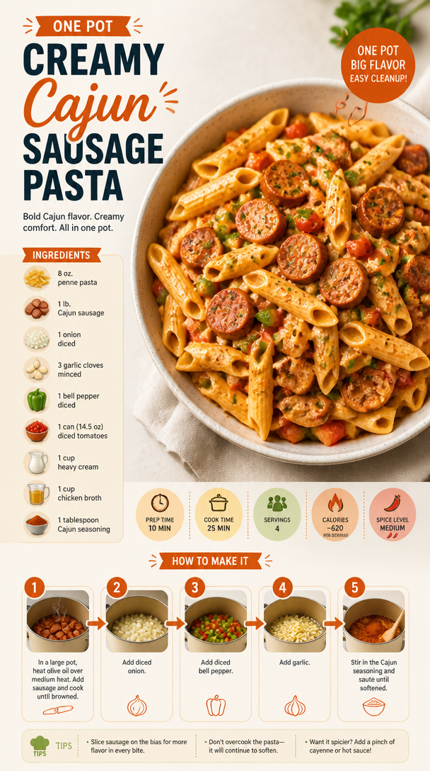 One Pot Creamy Cajun Sausage Pasta