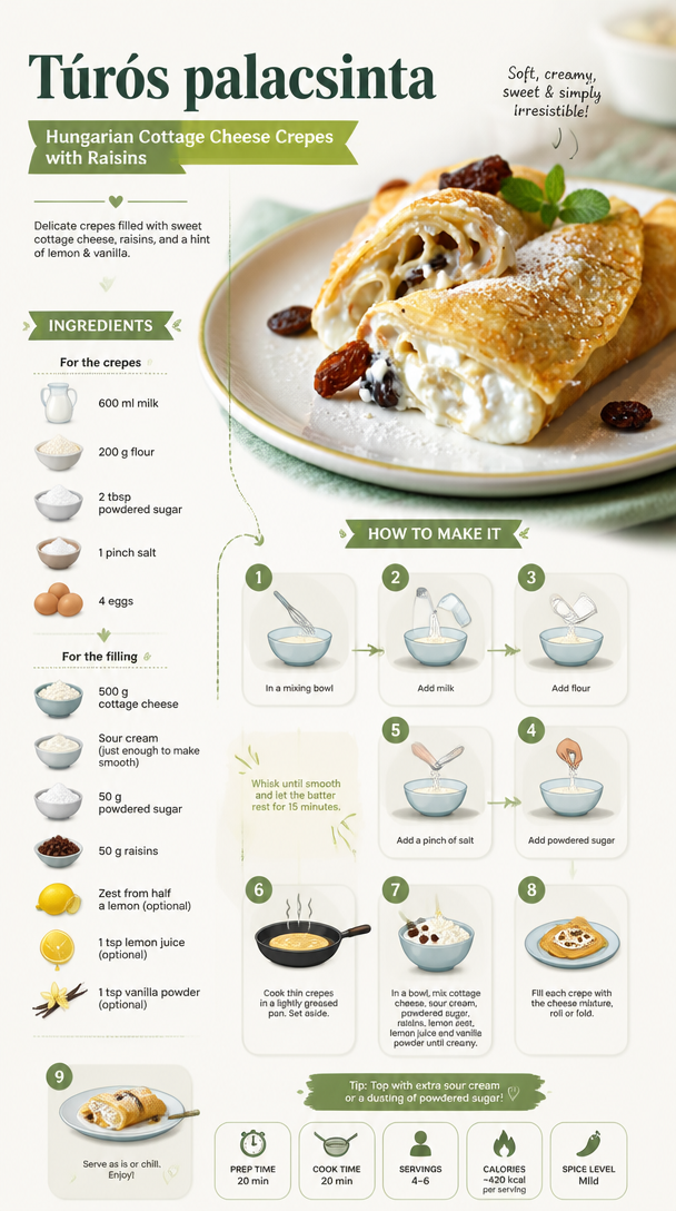 Túrós palacsinta - Hungarian cottage cheese crepes with raisins