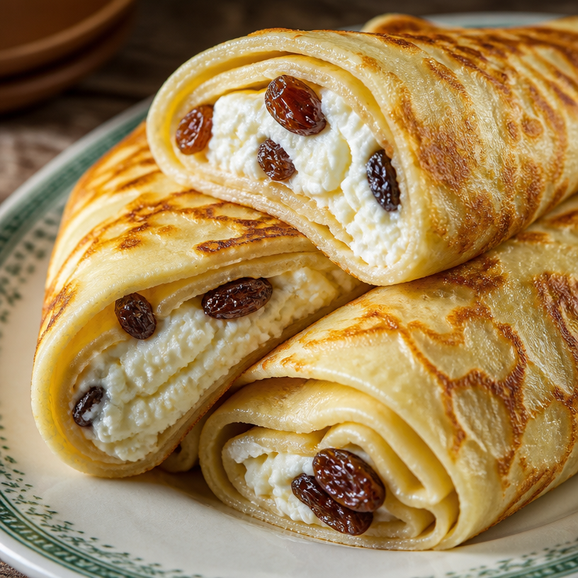 Túrós palacsinta - Hungarian cottage cheese crepes with raisins