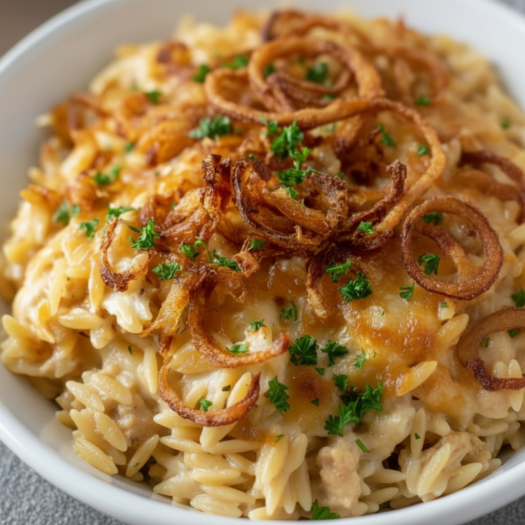 French Onion Chicken Orzo Casserole