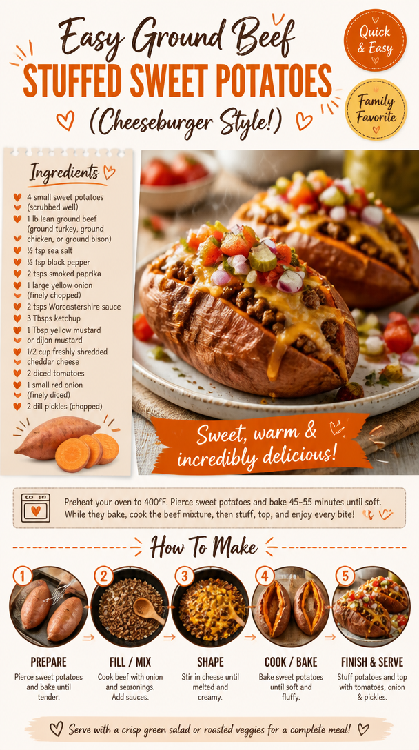 Easy Ground Beef Stuffed Sweet Potatoes (Cheeseburger Style!)