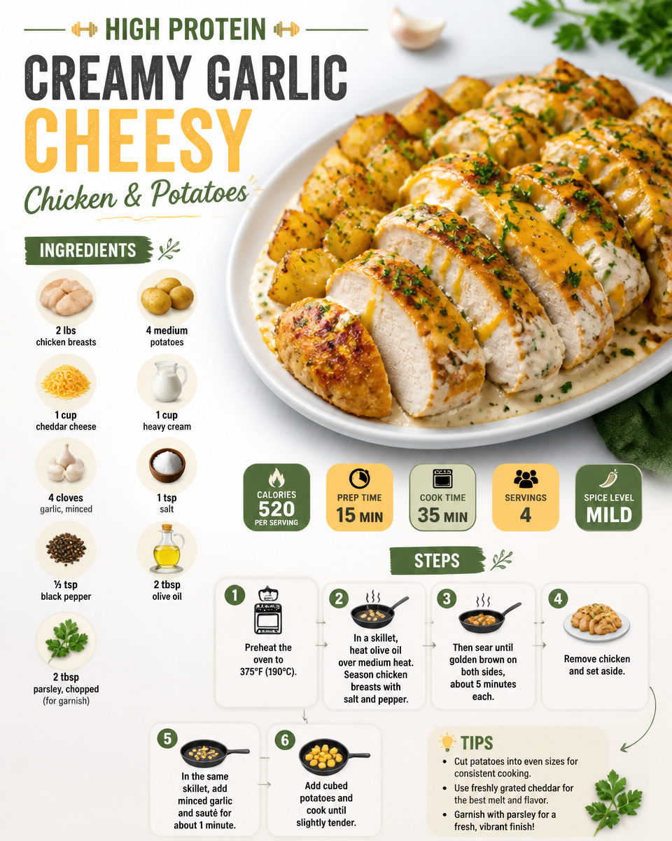High Protein Creamy Garlic Cheesy Chicken & Potatoes