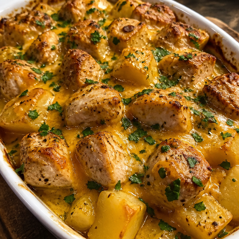High Protein Creamy Garlic Cheesy Chicken & Potatoes
