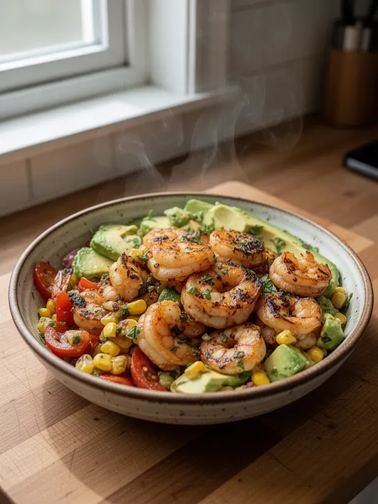 Avocado Corn Salad with Grilled Shrimp