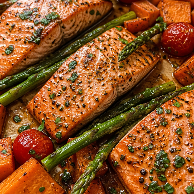 Sheet Pan Salmon with Asparagus and Sweet Potatoes