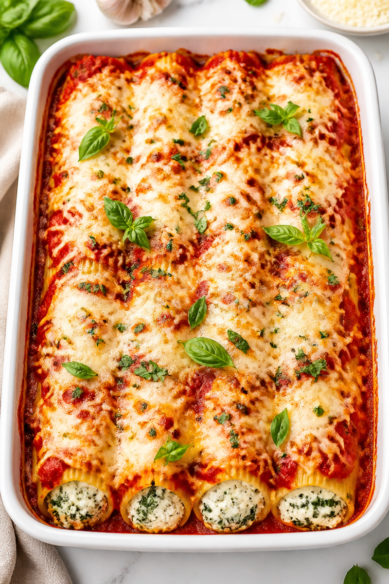 Spinach Ricotta Baked Manicotti Dinner