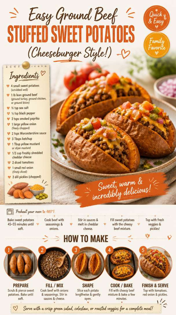 Easy Ground Beef Stuffed Sweet Potatoes (Cheeseburger Style!)