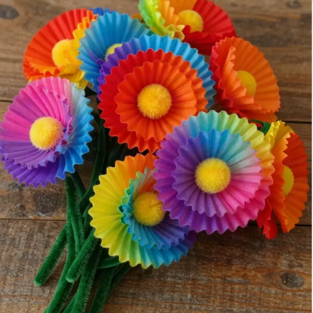 DIY Tropical Flower Bouquet with Rainbow Cupcake Liners 17 DIY Tropical Flower Bouquet Using Rainbow Cupcake Liners