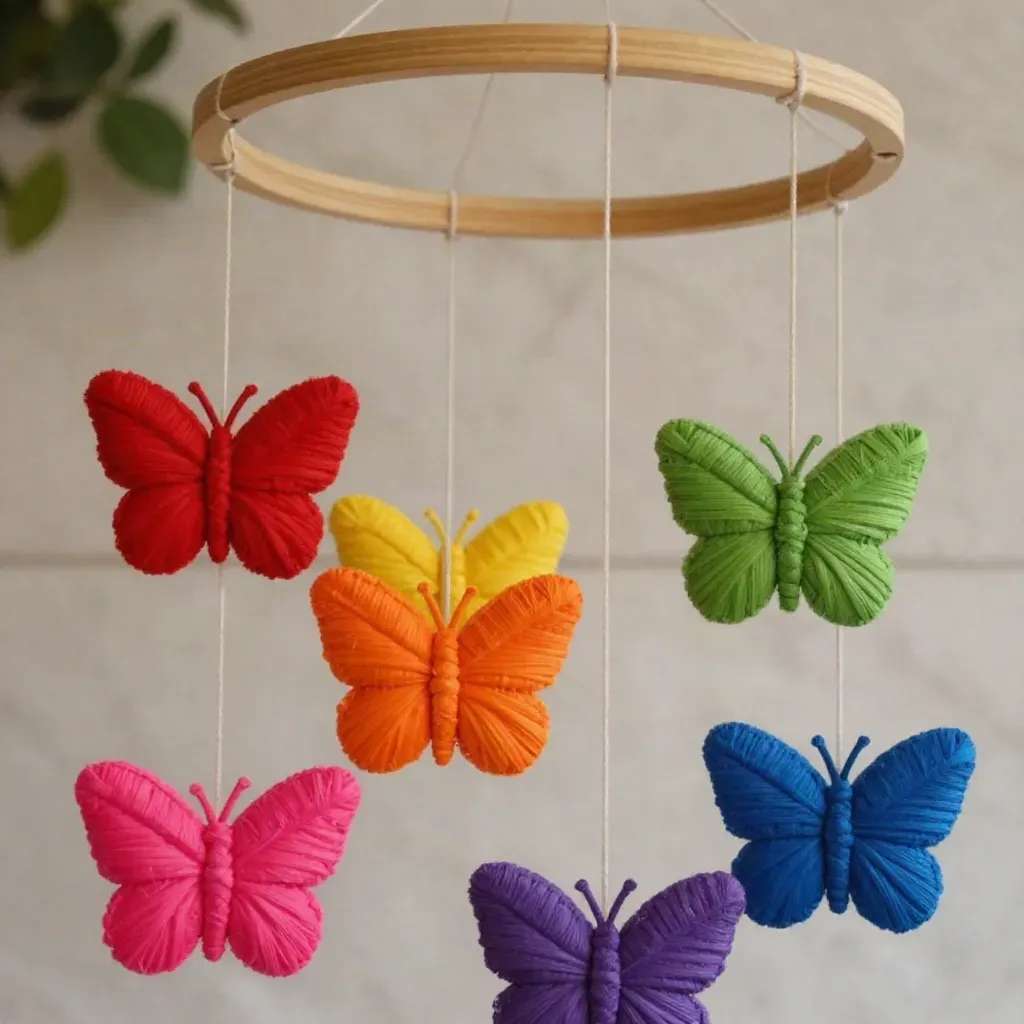 Colorful Yarn-Wrapped Butterfly Mobile for Nursery Decor 18 Rainbow Yarn Wrapped Butterfly Mobile