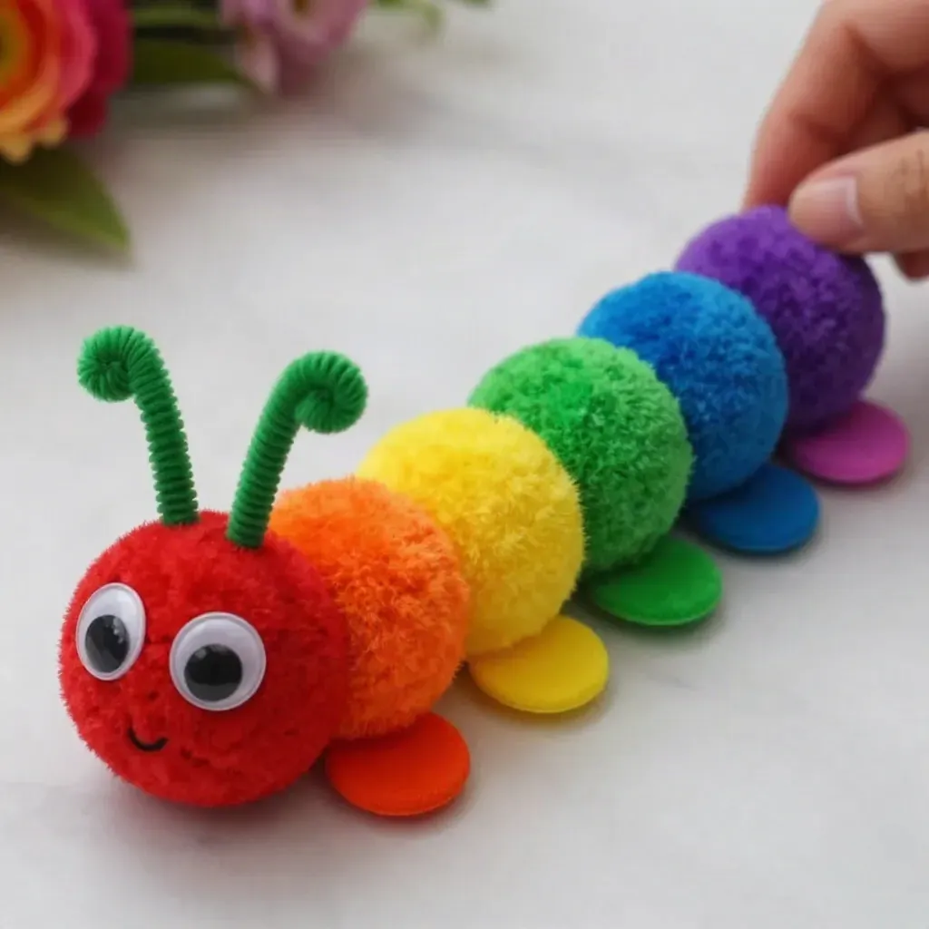 DIY Rainbow Pom-Pom Garden Caterpillar Craft