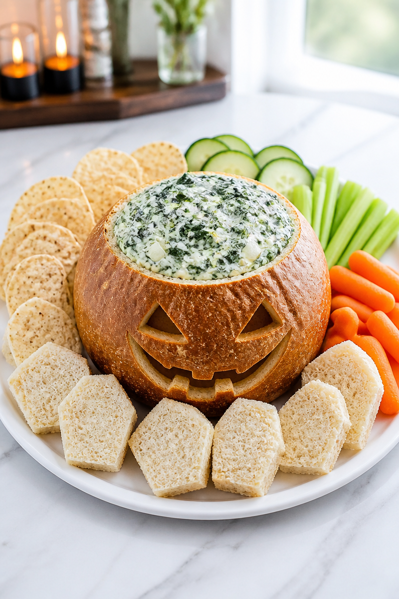 Halloween Spinach Dip Bread Bowl