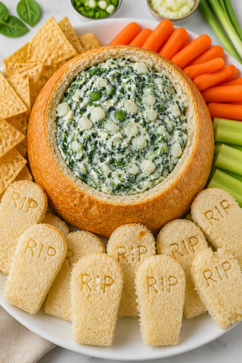 Halloween Spinach Dip Bread Bowl