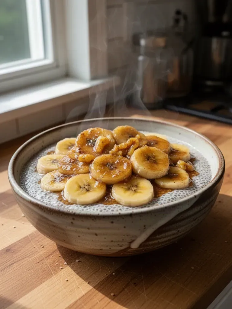 Cinnamon Maple Chia Seed Pudding with Bananas Foster Topping