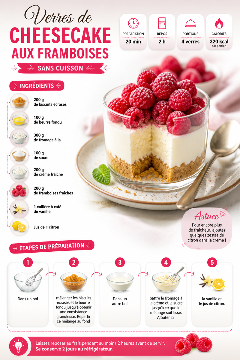 Verres de cheesecake aux framboises sans cuisson