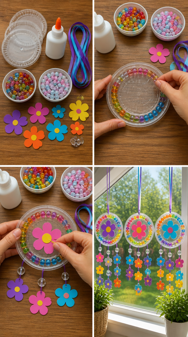 Colorful plastic lids transform into bright suncatchers that fill sunny windows with playful shapes and vibrant colors. 7 Colorful plastic lids transform into bright suncatchers that fill sunny windows with playful shapes and vibrant colors.