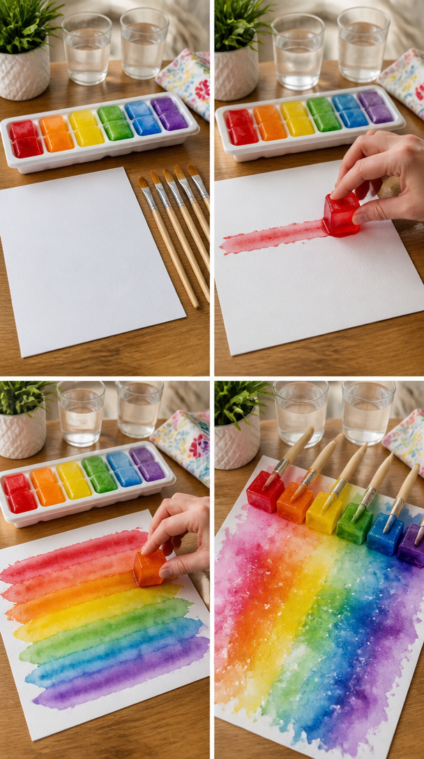 Melting rainbow ice cubes turn into paintbrushes for a fun summer art activity filled with colorful blends and creative patterns. 7 Melting rainbow ice cubes turn into paintbrushes for a fun summer art activity filled with colorful blends and creative patterns.
