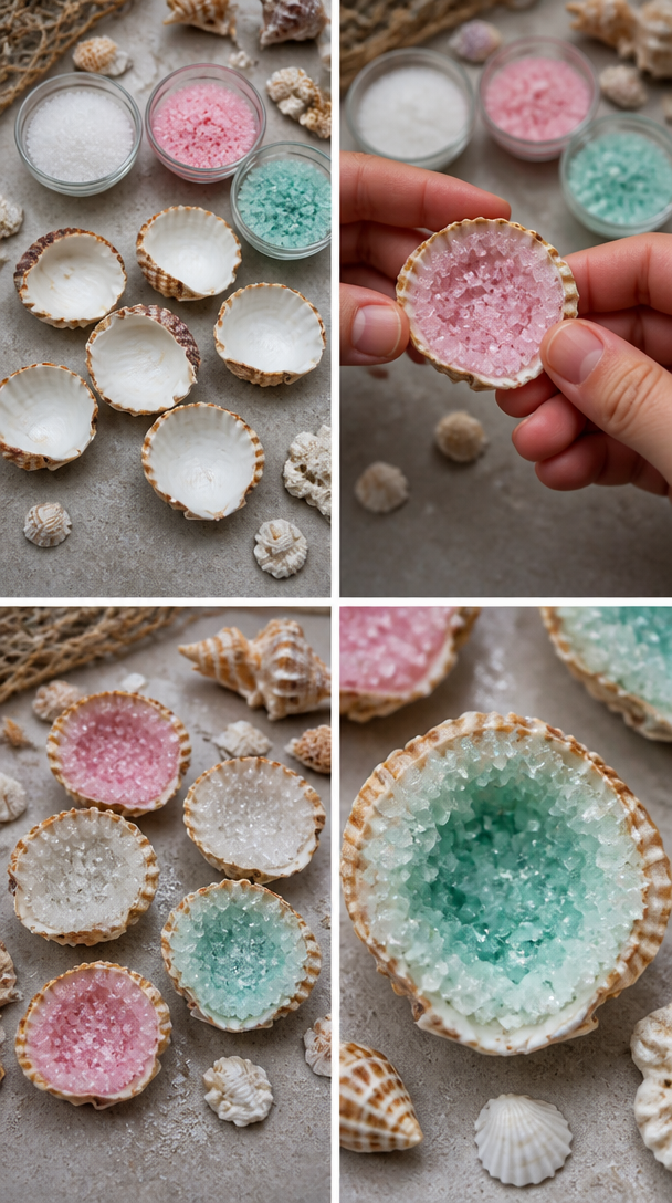 Grow sparkling crystal formations on seashells to create beautiful geode-inspired decorations with a natural seaside feel. Save this idea for later. 7 Grow sparkling crystal formations on seashells to create beautiful geode-inspired decorations with a natural seaside feel. Save this idea for later.