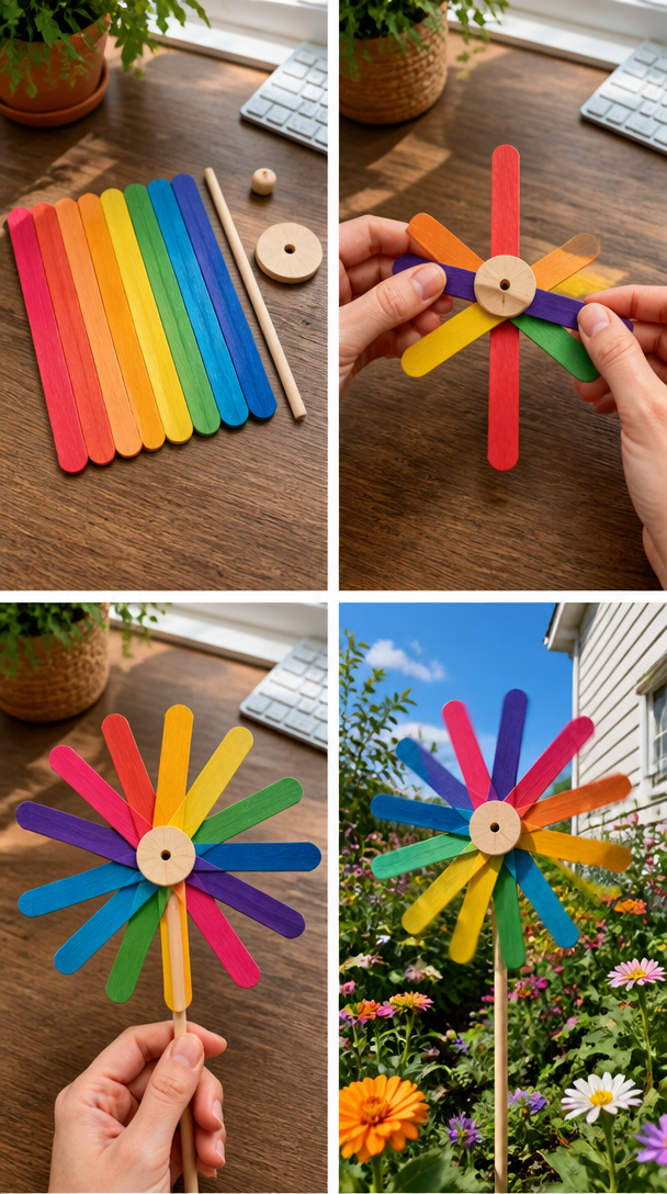 Rainbow popsicle sticks become a cheerful garden windmill that spins beautifully in the breeze while adding colorful outdoor charm. Perfect for your next craft day. 7 Rainbow popsicle sticks become a cheerful garden windmill that spins beautifully in the breeze while adding colorful outdoor charm. Perfect for your next craft day.