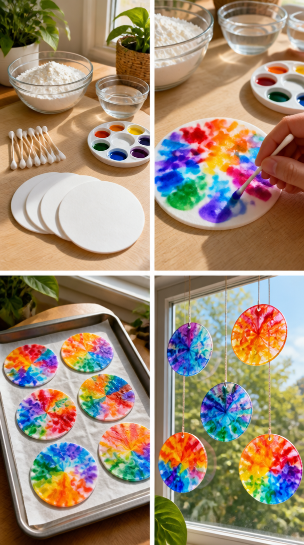 Rainbow cornstarch disks dry into bright translucent suncatchers that bring colorful patterns to any sunny window. 7 Rainbow cornstarch disks dry into bright translucent suncatchers that bring colorful patterns to any sunny window.