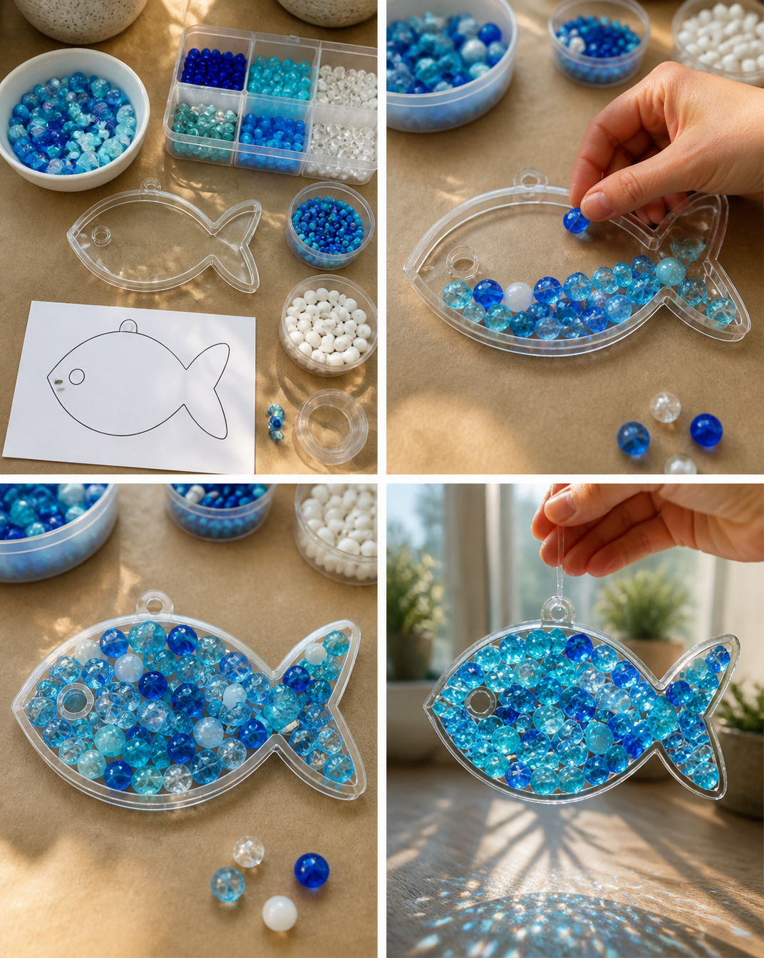 Blue beads come together to make ocean-inspired suncatchers that sparkle beautifully as sunlight passes through them. Save this idea for later. 7 Blue beads come together to make ocean-inspired suncatchers that sparkle beautifully as sunlight passes through them. Save this idea for later.