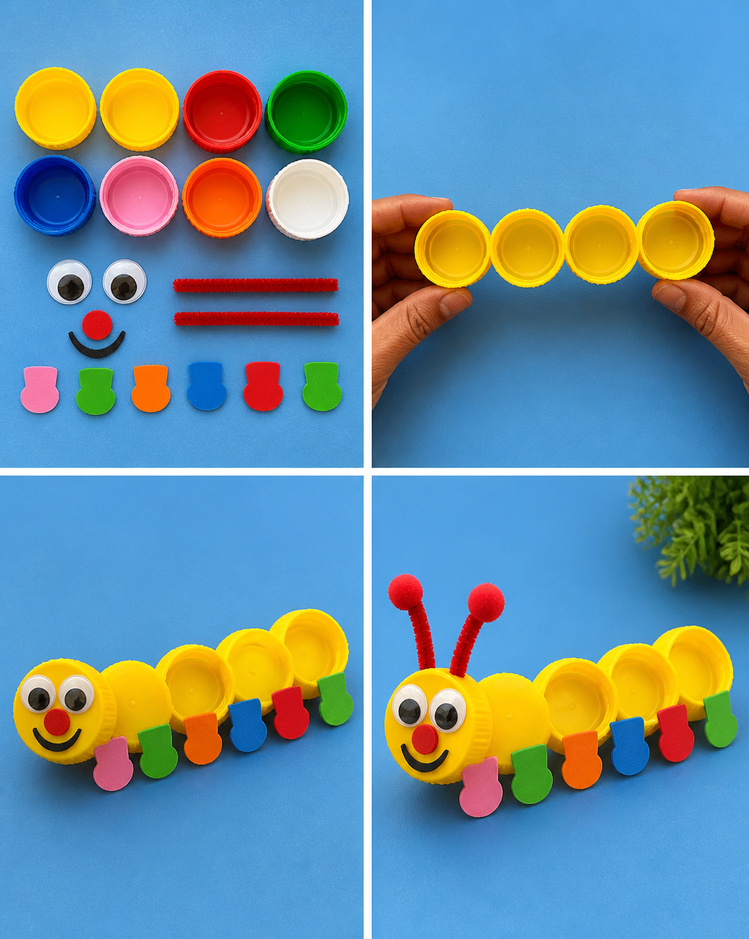 Plastic bottle caps become imaginative creations that encourage kids to explore colors, shapes, and hands-on creativity. 7 Plastic bottle caps become imaginative creations that encourage kids to explore colors, shapes, and hands-on creativity.
