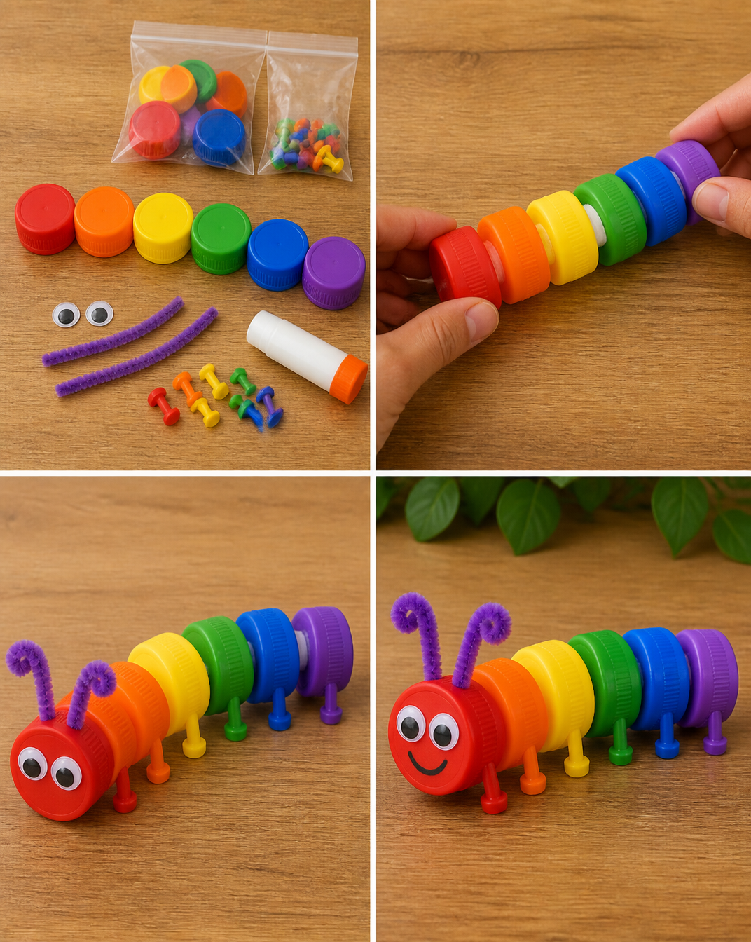 Bright bottle caps line up to form a cheerful rainbow caterpillar that's perfect for a colorful afternoon of crafting. #BottleCapCaterpillar #RecycledCraft #DIYKidsCraft #CreativeCrafts 7 Bright bottle caps line up to form a cheerful rainbow caterpillar that's perfect for a colorful afternoon of crafting. #BottleCapCaterpillar #RecycledCraft #DIYKidsCraft #CreativeCrafts