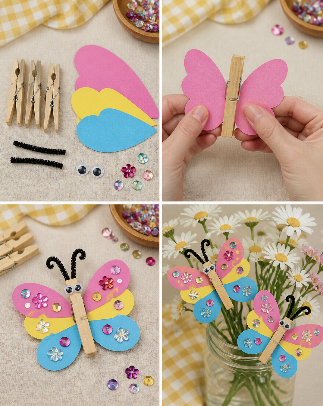 Wooden clothespins, colorful wings, and simple decorations come together to create charming butterflies that are fun to display or play with. 7 Wooden clothespins, colorful wings, and simple decorations come together to create charming butterflies that are fun to display or play with.