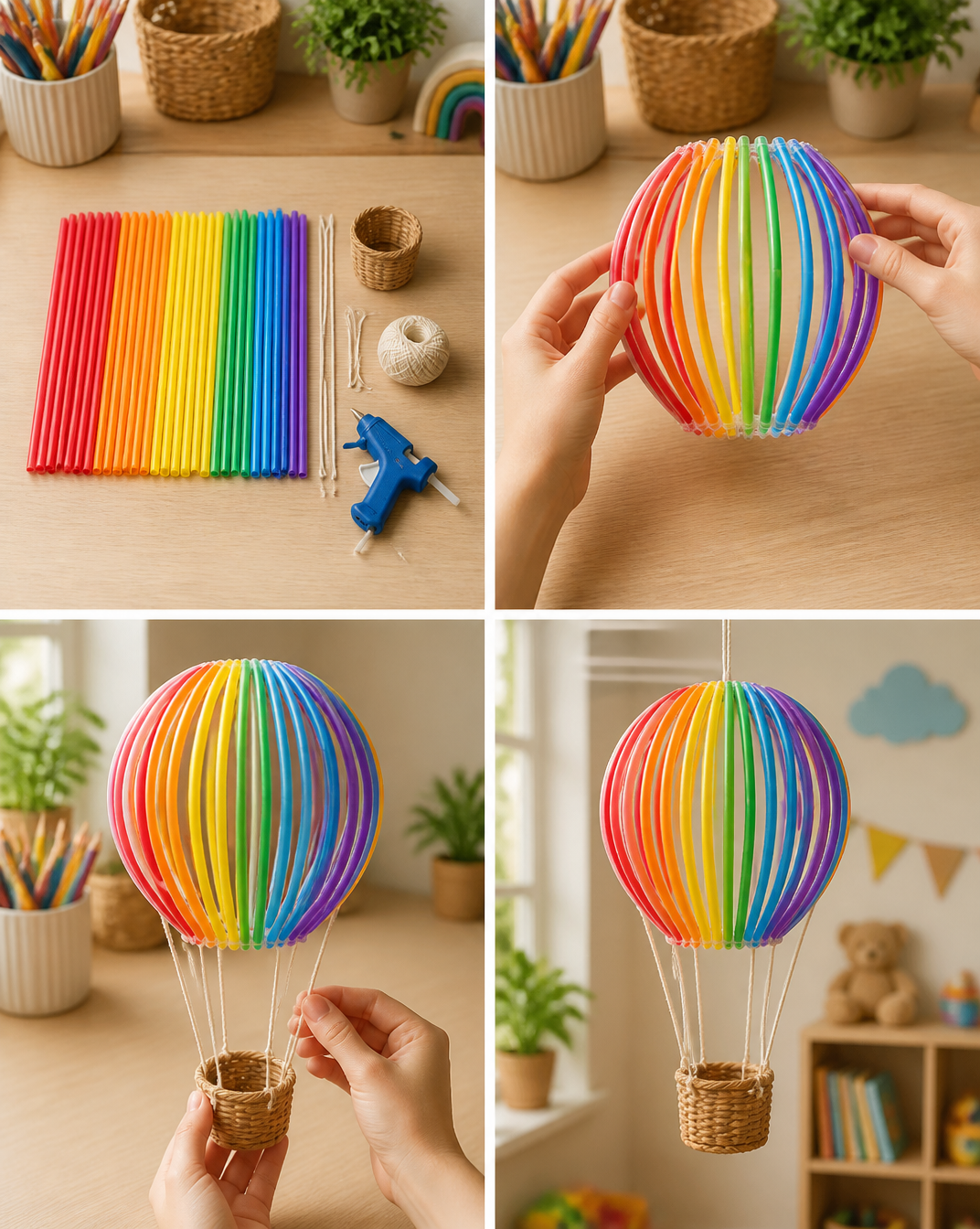 Bright drinking straws come together to create a cheerful rainbow hot air balloon that's perfect for decorating a playroom or classroom. A fun project to try this weekend. #RainbowBalloon #StrawCraft 7 Bright drinking straws come together to create a cheerful rainbow hot air balloon that's perfect for decorating a playroom or classroom. A fun project to try this weekend. #RainbowBalloon #StrawCraft