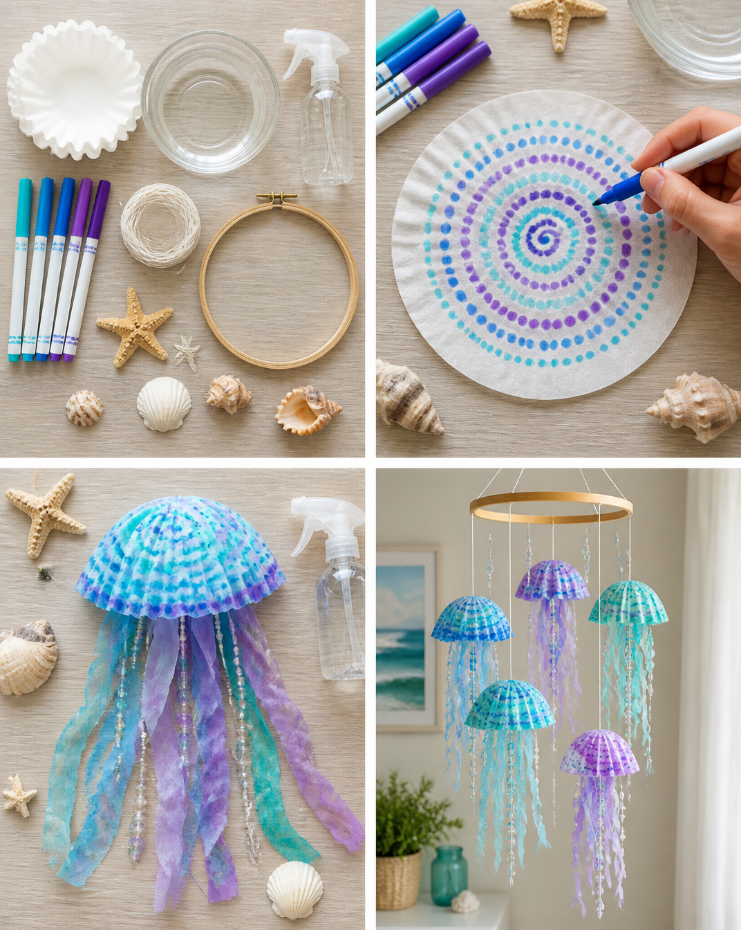 Coffee filters transform into colorful jellyfish that gently sway from a handmade mobile inspired by the ocean. 7 Coffee filters transform into colorful jellyfish that gently sway from a handmade mobile inspired by the ocean.