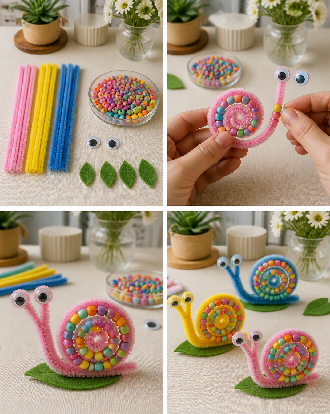 Pipe cleaners and colorful beads create charming little snails with playful shapes that are fun to make and display. 7 Pipe cleaners and colorful beads create charming little snails with playful shapes that are fun to make and display.