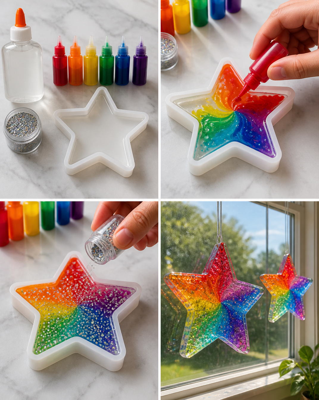 Clear glue, rainbow colors, and glitter create translucent star decorations that catch the light beautifully in any window. 7 Clear glue, rainbow colors, and glitter create translucent star decorations that catch the light beautifully in any window.