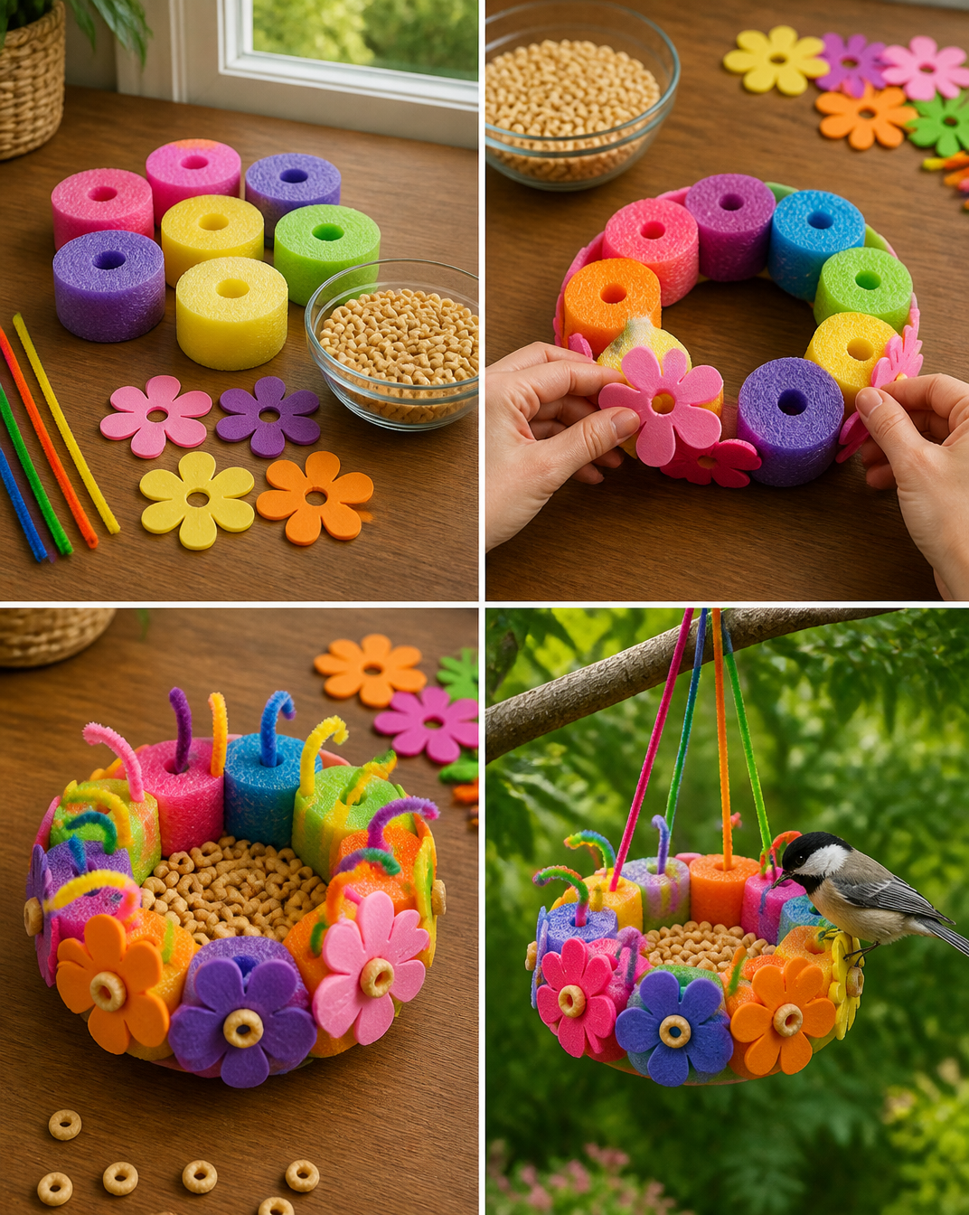 Colorful pool noodles, cereal rings, and foam petals transform into a playful flower bird feeder that adds a fun touch to the garden. A fun project to try this weekend. 7 Colorful pool noodles, cereal rings, and foam petals transform into a playful flower bird feeder that adds a fun touch to the garden. A fun project to try this weekend.