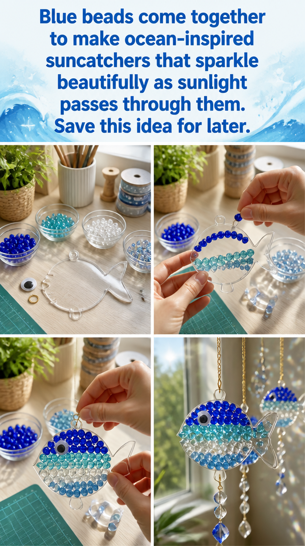 Blue beads come together to make ocean-inspired suncatchers that sparkle beautifully as sunlight passes through them. Save this idea for later.