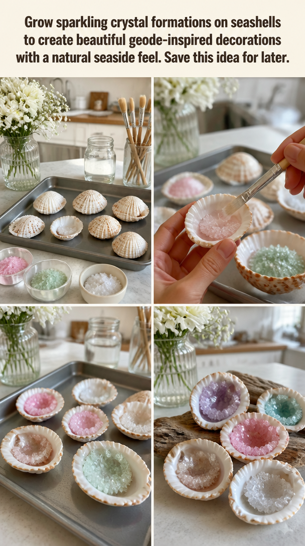 Grow sparkling crystal formations on seashells to create beautiful geode-inspired decorations with a natural seaside feel. Save this idea for later.