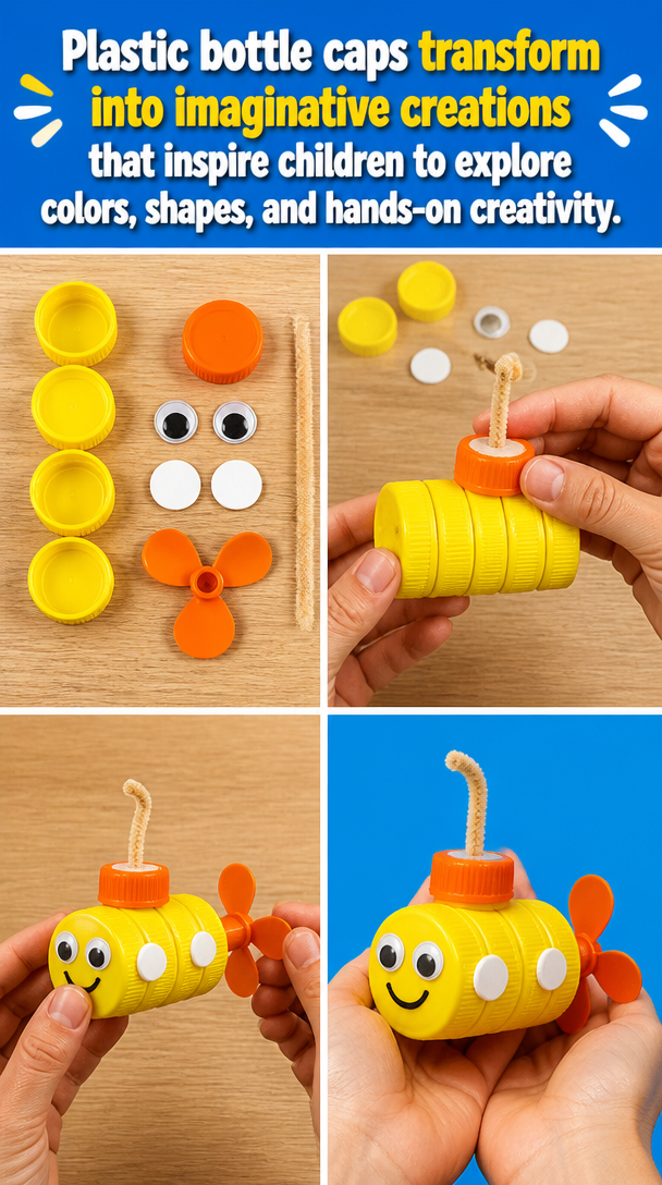 Plastic bottle caps transform into imaginative creations that inspire children to explore colors, shapes, and hands-on creativity.