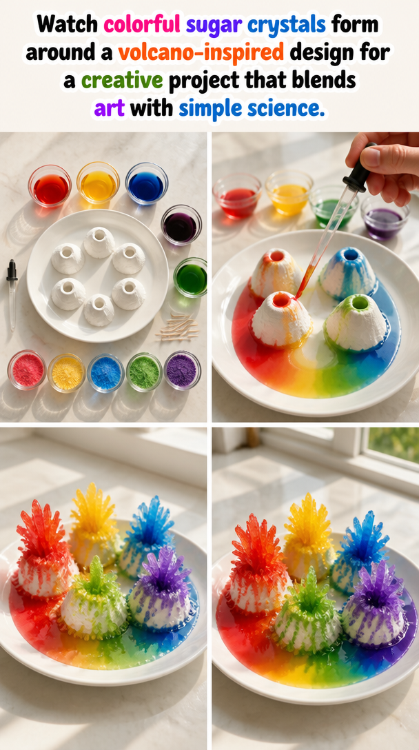 Watch colorful sugar crystals form around a volcano-inspired design for a creative project that blends art with simple science.