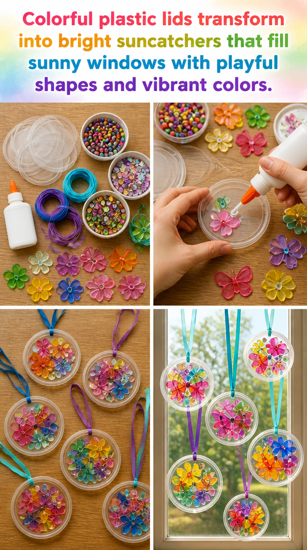 Colorful plastic lids transform into bright suncatchers that fill sunny windows with playful shapes and vibrant colors.