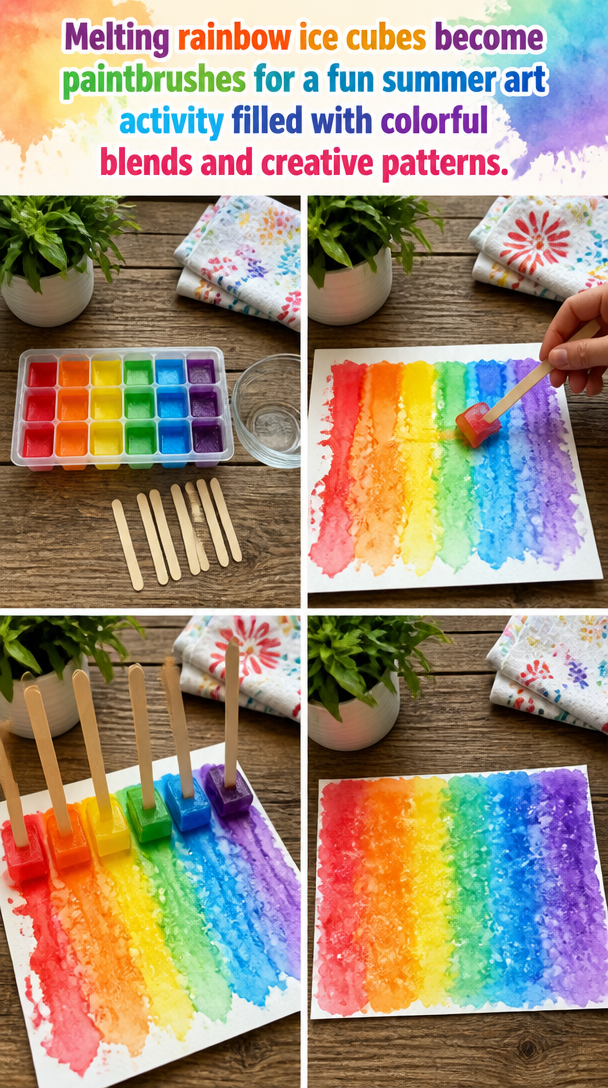 Melting rainbow ice cubes become paintbrushes for a fun summer art activity filled with colorful blends and creative patterns.