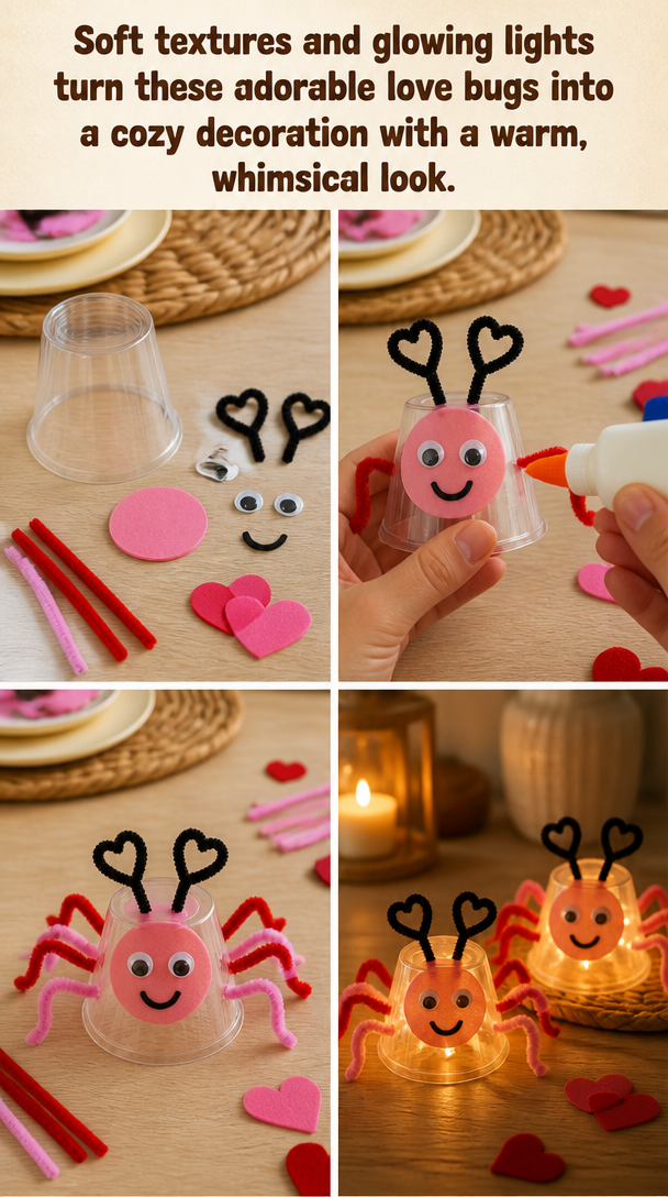 Soft textures and glowing lights turn these adorable love bugs into a cozy decoration with a warm, whimsical look.