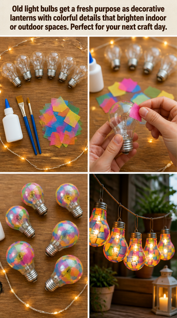 Old light bulbs get a fresh purpose as decorative lanterns with colorful details that brighten indoor or outdoor spaces. Perfect for your next craft day.