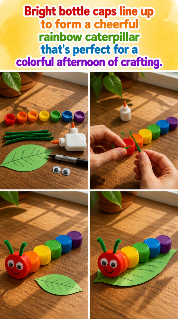 Bright bottle caps line up to form a cheerful rainbow caterpillar that's perfect for a colorful afternoon of crafting.