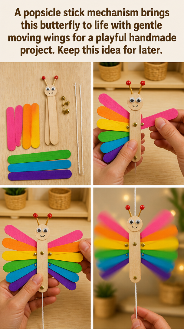 A popsicle stick mechanism brings this butterfly to life with gentle moving wings for a playful handmade project. Keep this idea for later.