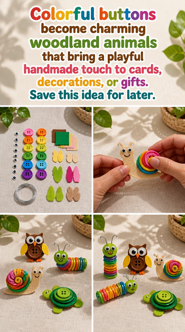Colorful buttons become charming woodland animals that bring a playful handmade touch to cards, decorations, or gifts. Save this idea for later.