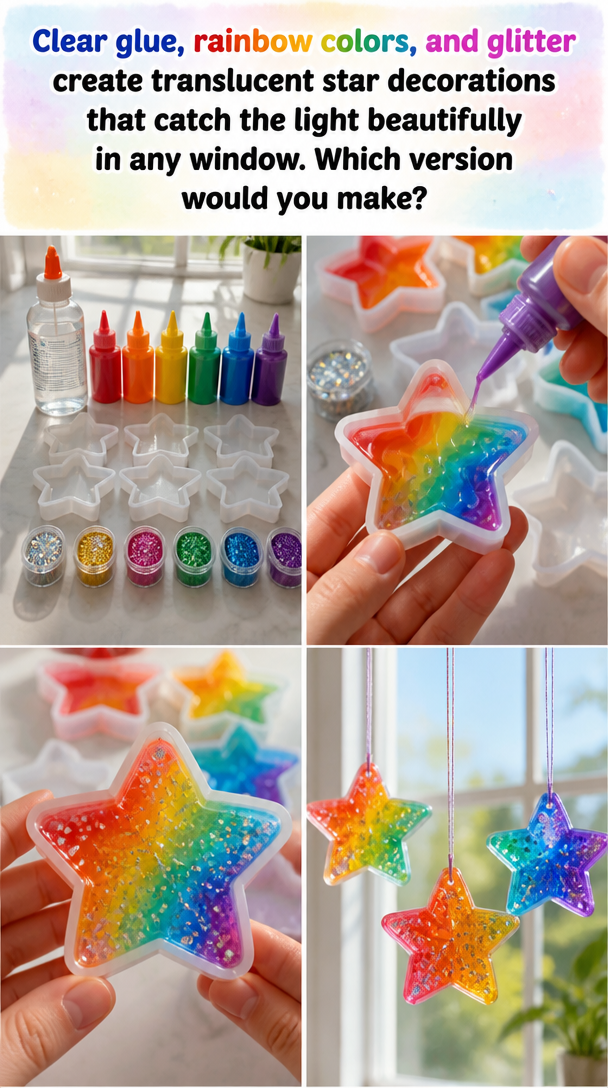 Clear glue, rainbow colors, and glitter create translucent star decorations that catch the light beautifully in any window. Which version would you make?