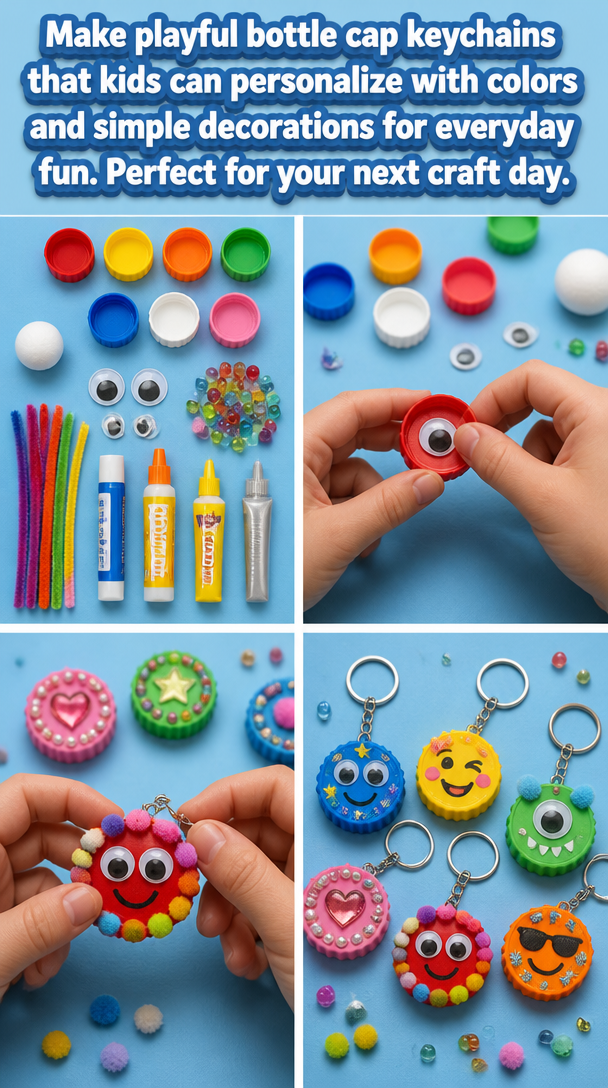 Make playful bottle cap keychains that kids can personalize with colors and simple decorations for everyday fun. Perfect for your next craft day.
