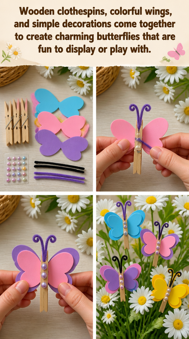 Wooden clothespins, colorful wings, and simple decorations come together to create charming butterflies that are fun to display or play with.