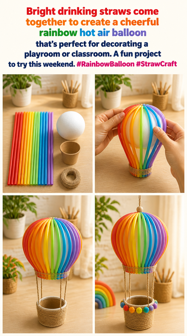 Bright drinking straws come together to create a cheerful rainbow hot air balloon that's perfect for decorating a playroom or classroom. A fun project to try this weekend. #RainbowBalloon #StrawCraft